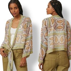 ANTHROPOLOGIE ✘ Sheer Chartreuse Paisley Tie Front Kimono Top Boho Print, OS $98